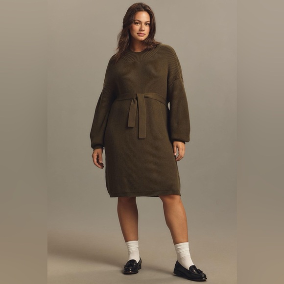 NWT Maeve Anthropologie size 1X Long-Sleeve Mock-Neck Tie-Waist Mini Dress green - Picture 1 of 7